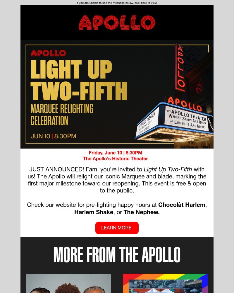 Screenshot of email sent to a Apollo Theater Newsletter subscriber