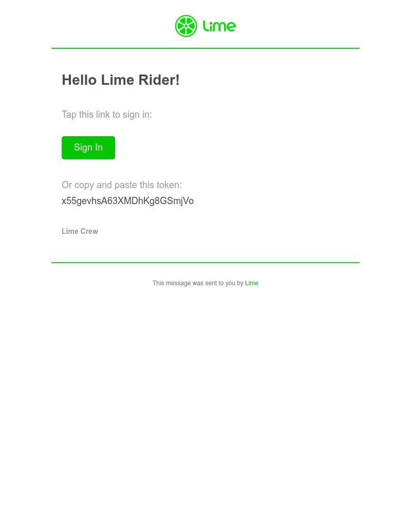 Screenshot of email sent to a Lime Registered user