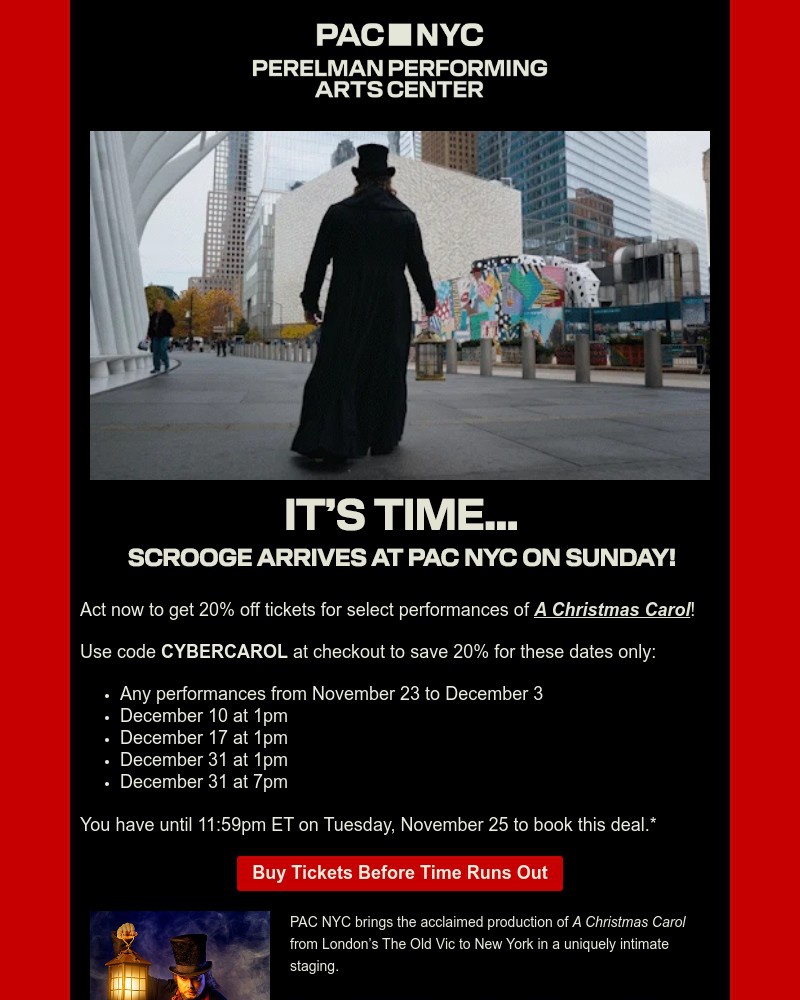 Screenshot of email sent to a Perelman Performing Arts Center (PAC NYC) Newsletter subscriber