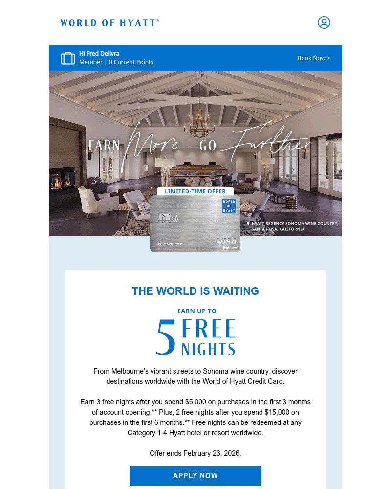 Screenshot of email sent to a Hyatt Hotels and Resorts Registered user