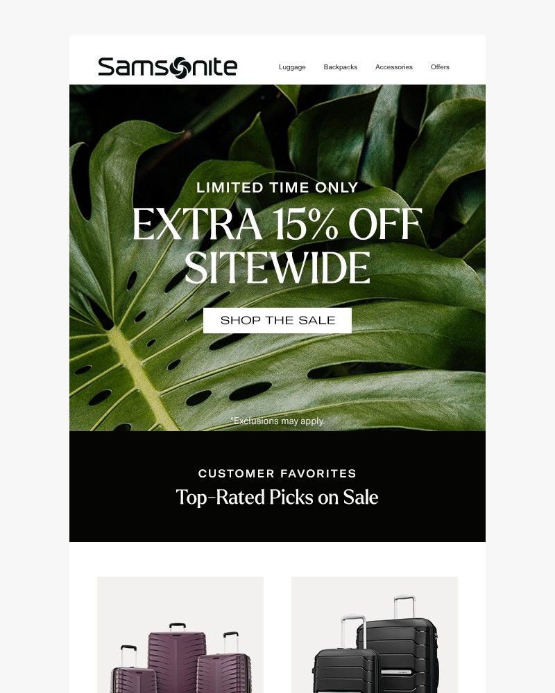 Screenshot of email sent to a Samsonite Newsletter subscriber