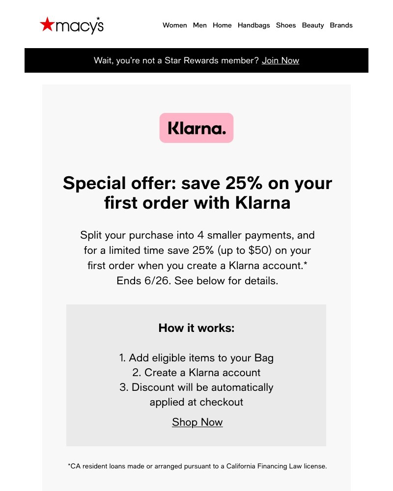 Screenshot of email with subject /media/emails/limited-time-save-25-when-you-shop-with-klarna-b94670-cropped-b2ecf609.jpg