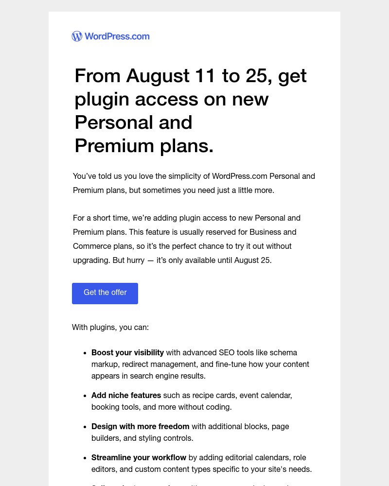 Screenshot of email with subject /media/emails/limited-time-try-plugins-on-wordpresscom-personal-and-premium-plans-ea75e5-croppe_2sTmsHu.jpg