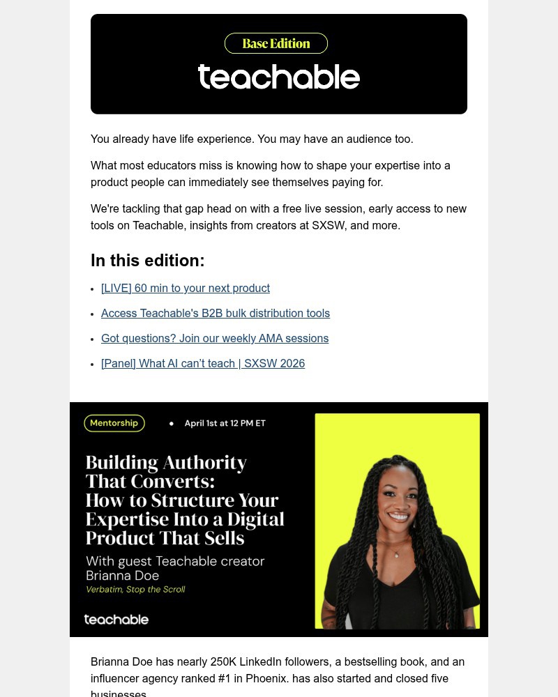 Screenshot of email sent to a Teachable Registered user