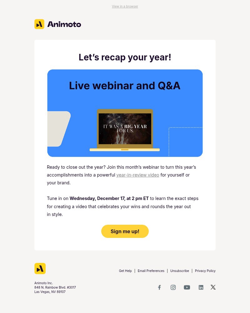 Screenshot of email sent to a Animoto Registered user
