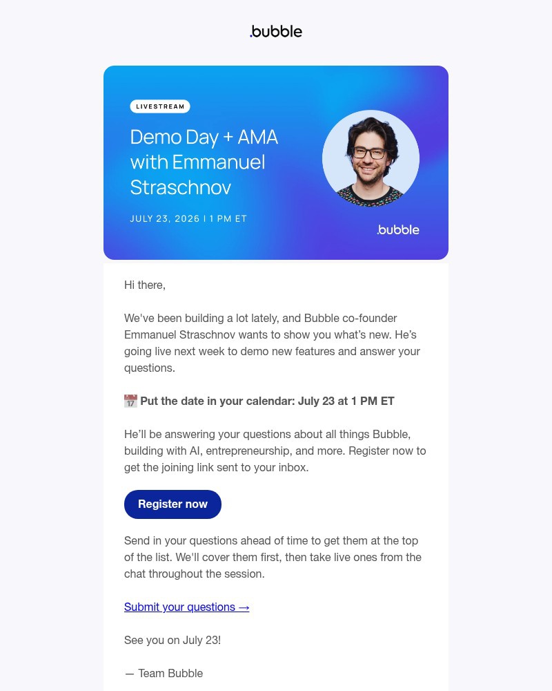 Screenshot of email sent to a Bubble Registered user