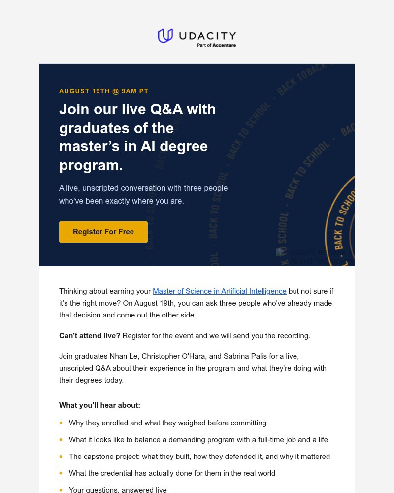 Screenshot of email sent to a Udacity Registered user