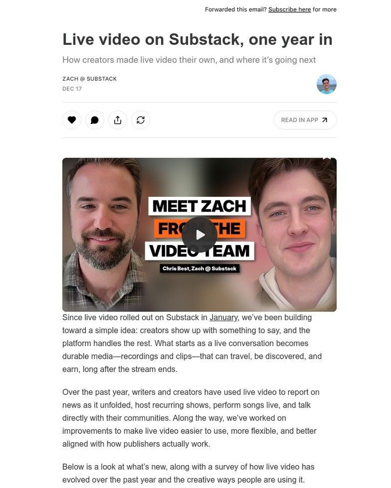 Screenshot of email sent to a Substack Registered user