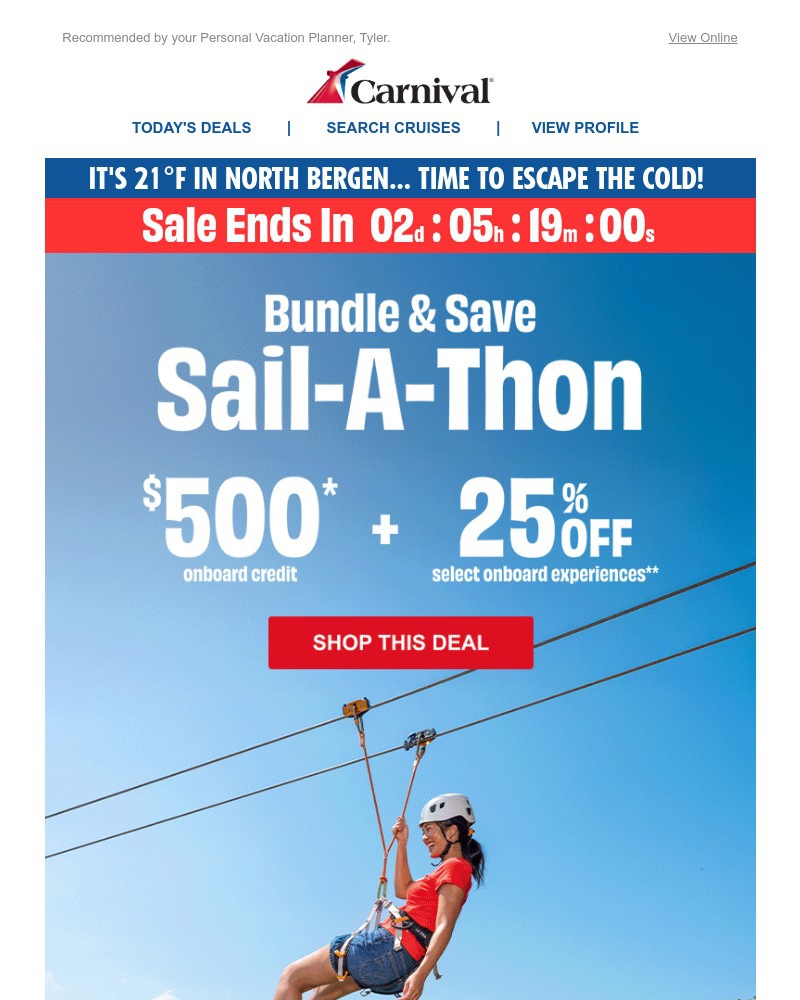 Screenshot of email sent to a Carnival Cruise Line Registered user