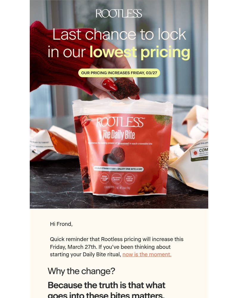 Screenshot of email sent to a Rootless Newsletter subscriber