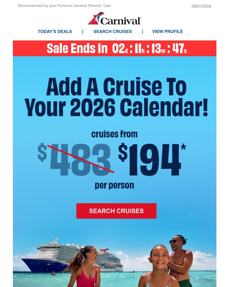 Screenshot of email sent to a Carnival Cruise Line Registered user