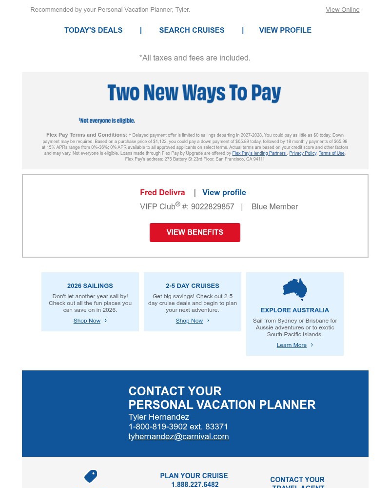 Screenshot of email sent to a Carnival Cruise Line Registered user
