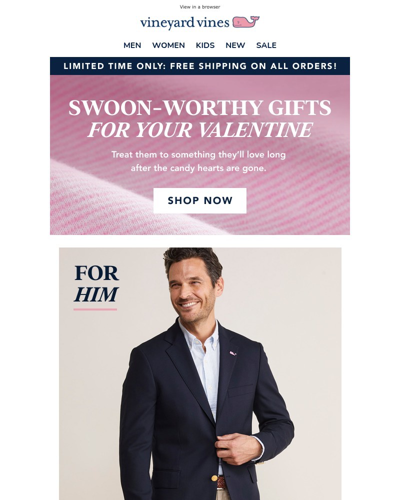 Screenshot of email sent to a Vineyard Vines Newsletter subscriber