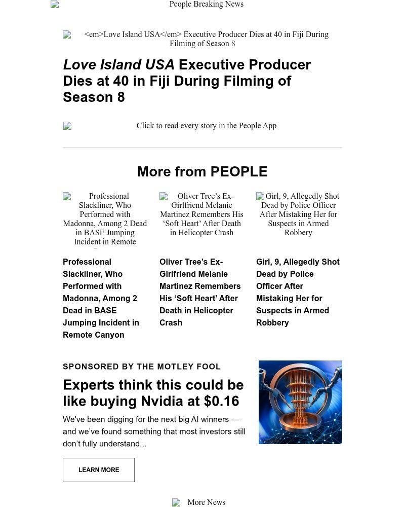 Screenshot of email sent to a People Newsletter subscriber