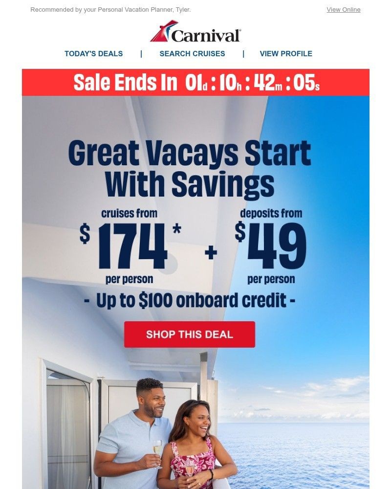 Screenshot of email sent to a Carnival Cruise Line Registered user