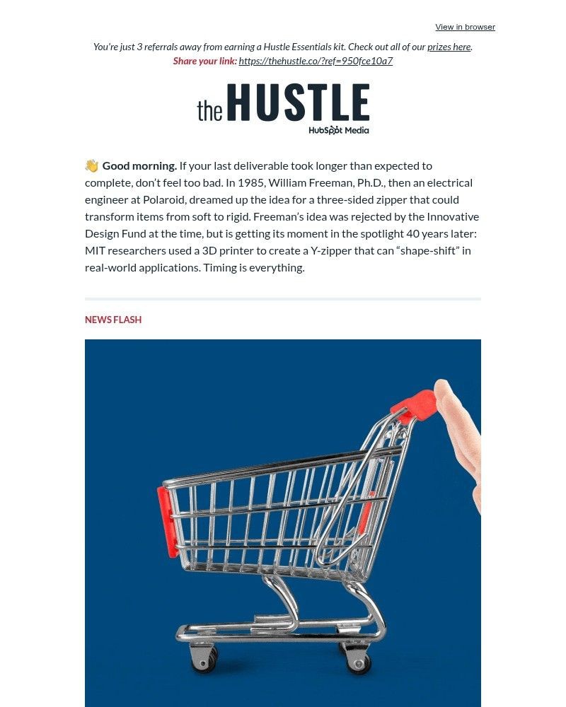 Screenshot of email sent to a The Hustle Newsletter subscriber