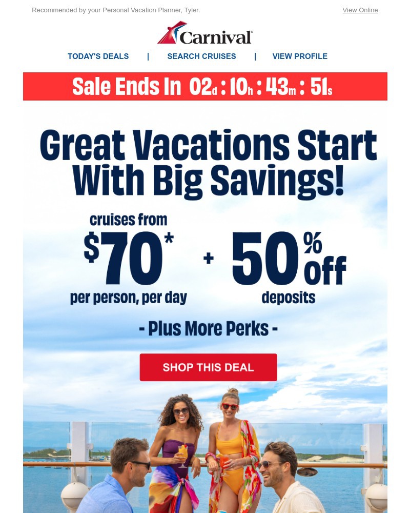 Screenshot of email sent to a Carnival Cruise Line Registered user