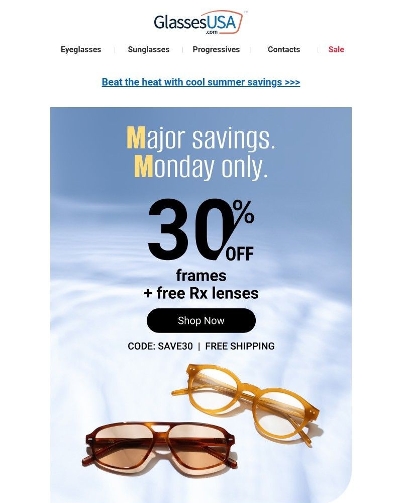 Screenshot of email sent to a Glasses USA Newsletter subscriber