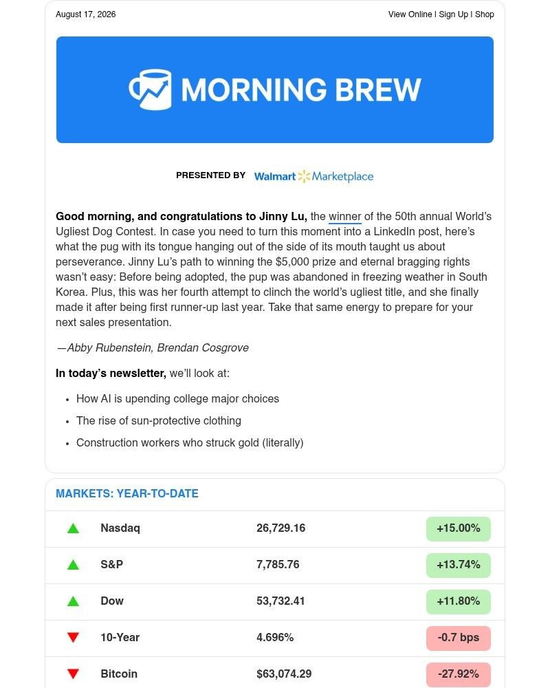 Screenshot of email sent to a Morning Brew Newsletter subscriber