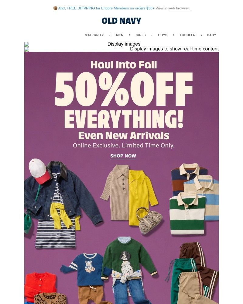 Screenshot of email sent to a Old Navy Newsletter subscriber