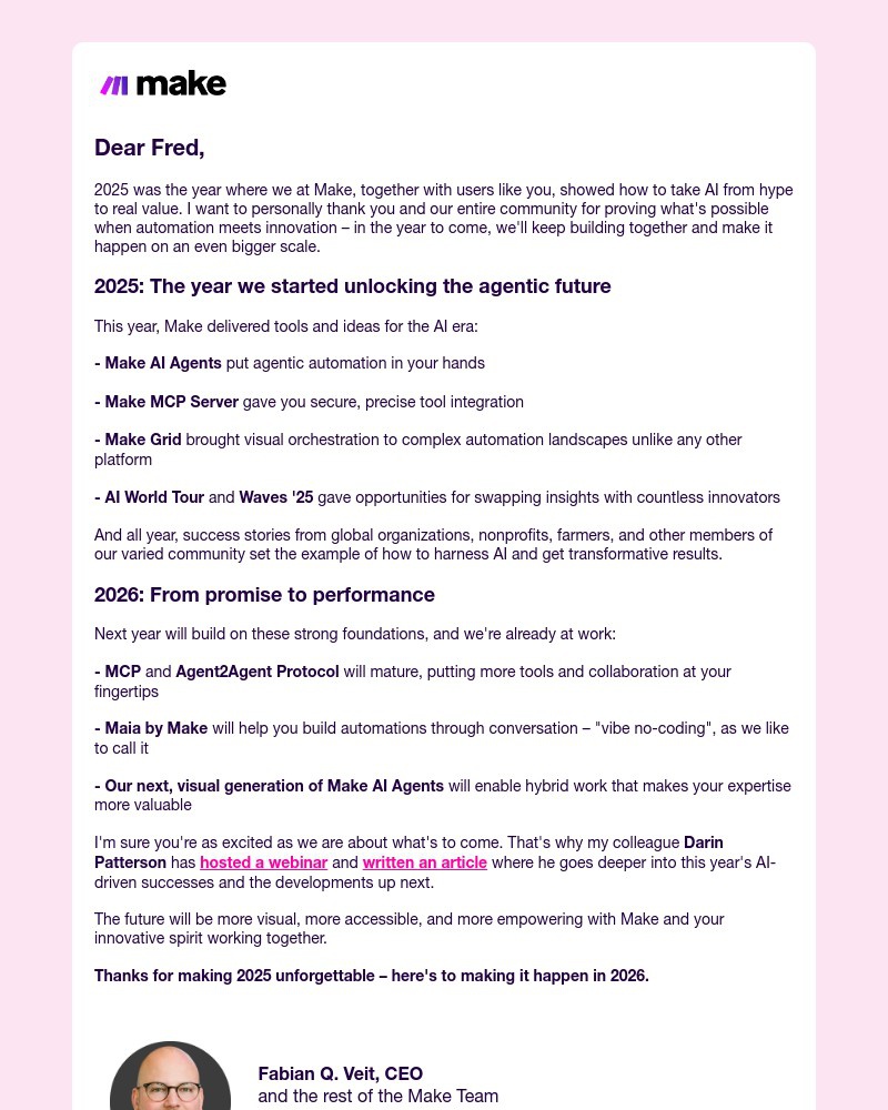 Screenshot of email sent to a Make Trial user