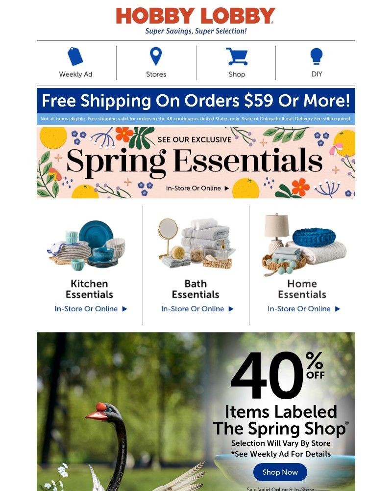 Screenshot of email sent to a Hobby Lobby Newsletter subscriber