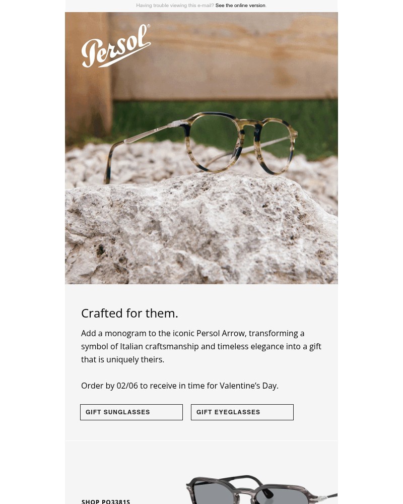 Screenshot of email sent to a Persol Newsletter subscriber