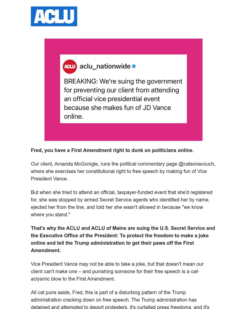 Screenshot of email sent to a American Civil Liberties Union Newsletter subscriber