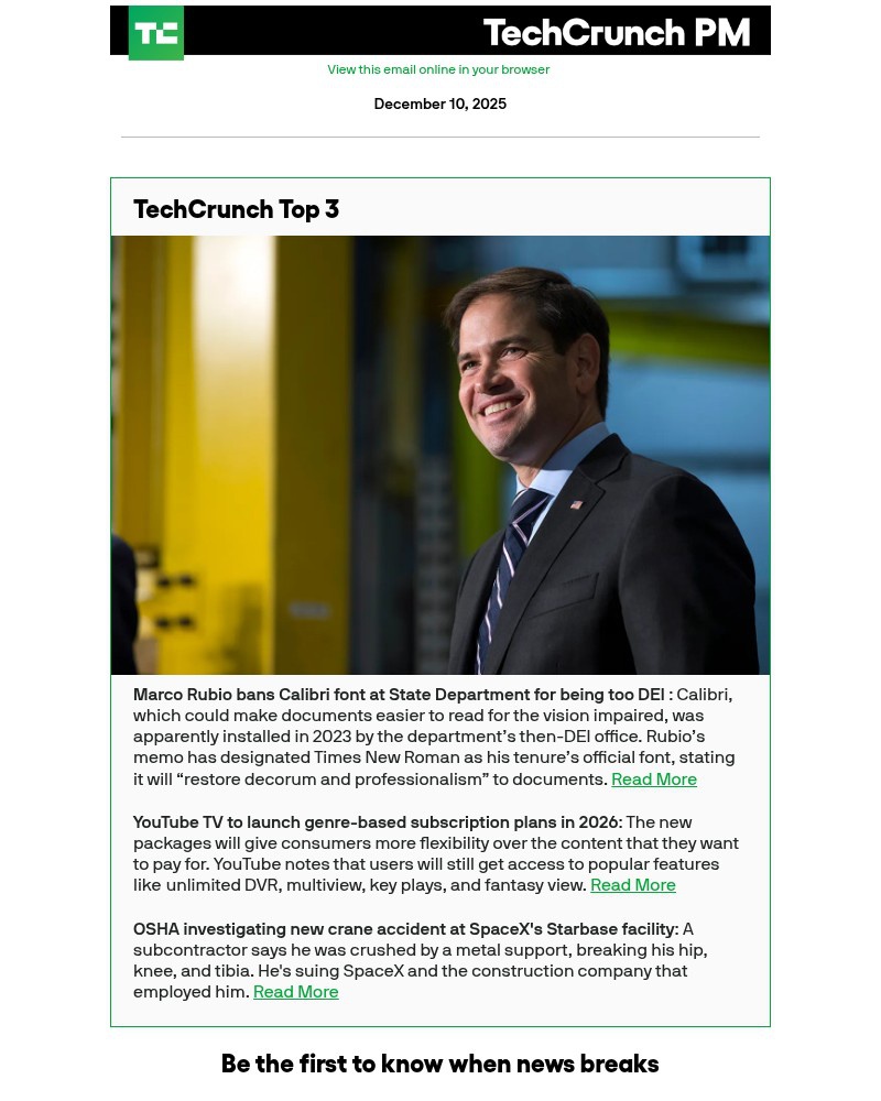 Screenshot of email sent to a Techcrunch Newsletter subscriber