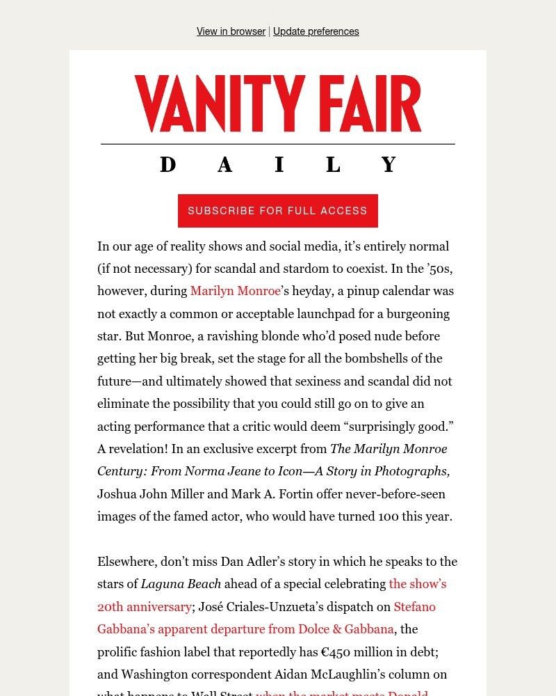 Screenshot of email sent to a Vanity Fair Newsletter subscriber