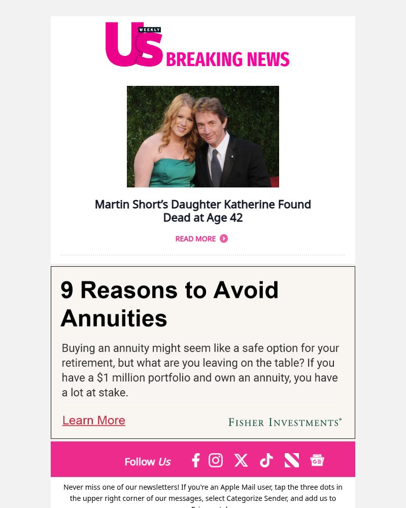 Screenshot of email sent to a Us Weekly Newsletter subscriber