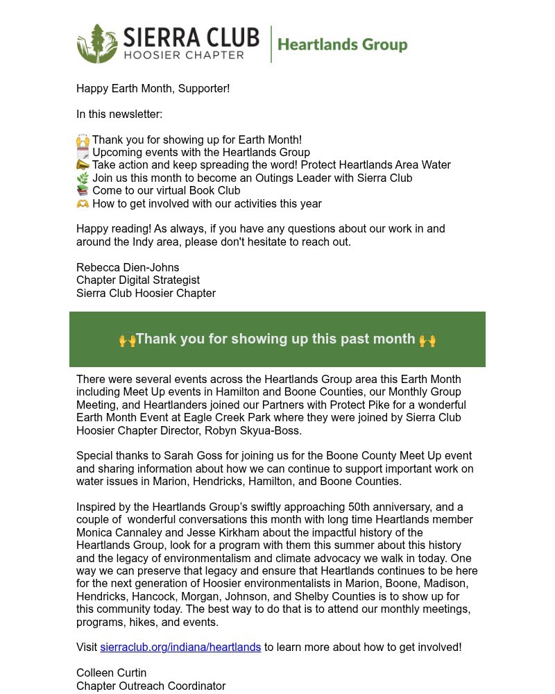Screenshot of email sent to a Sierra Club Newsletter subscriber