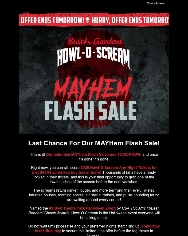 Screenshot of email sent to a Busch Gardens Newsletter subscriber