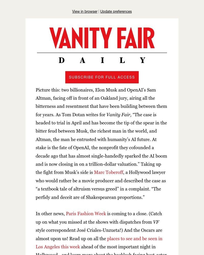 Screenshot of email sent to a Vanity Fair Newsletter subscriber