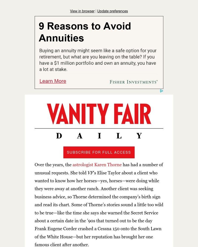 Screenshot of email sent to a Vanity Fair Newsletter subscriber