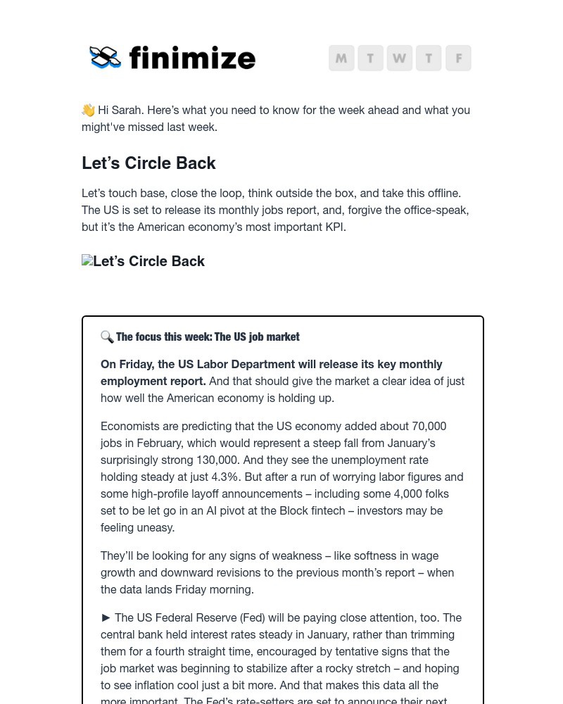 Screenshot of email sent to a Finimize Registered user