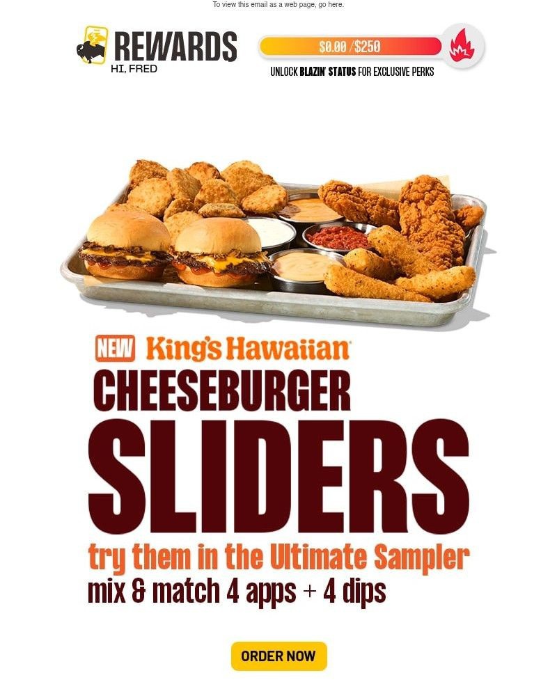 Screenshot of email sent to a Buffalo Wild Wings Registered user