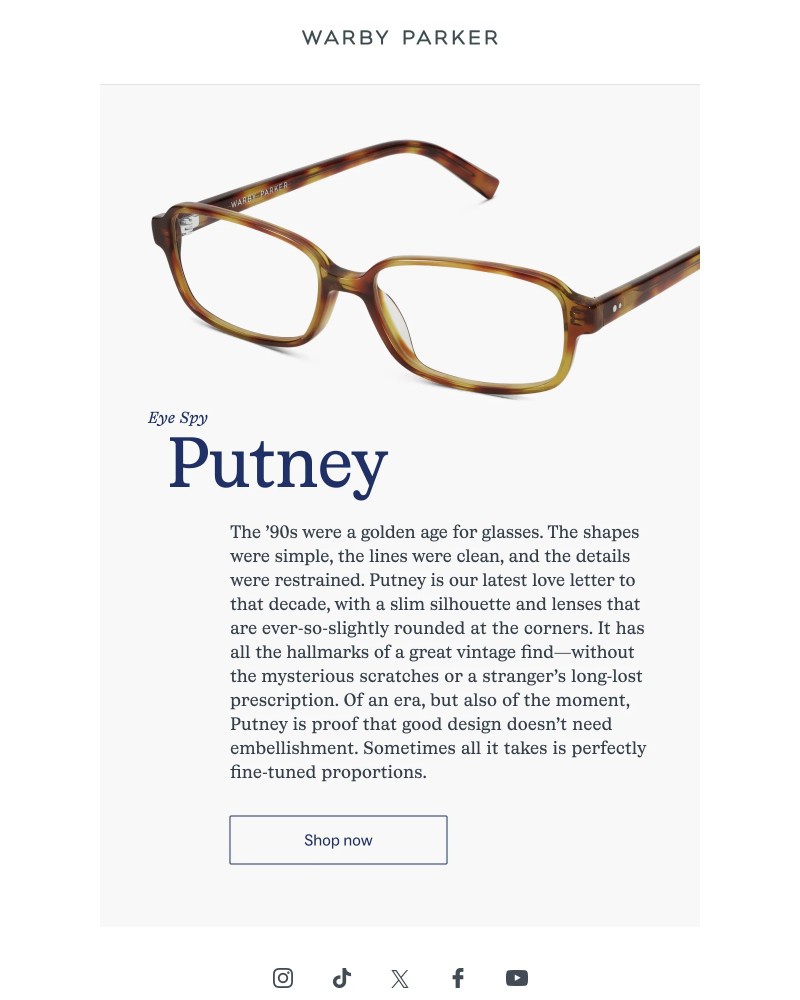 Screenshot of email sent to a Warby Parker Newsletter subscriber