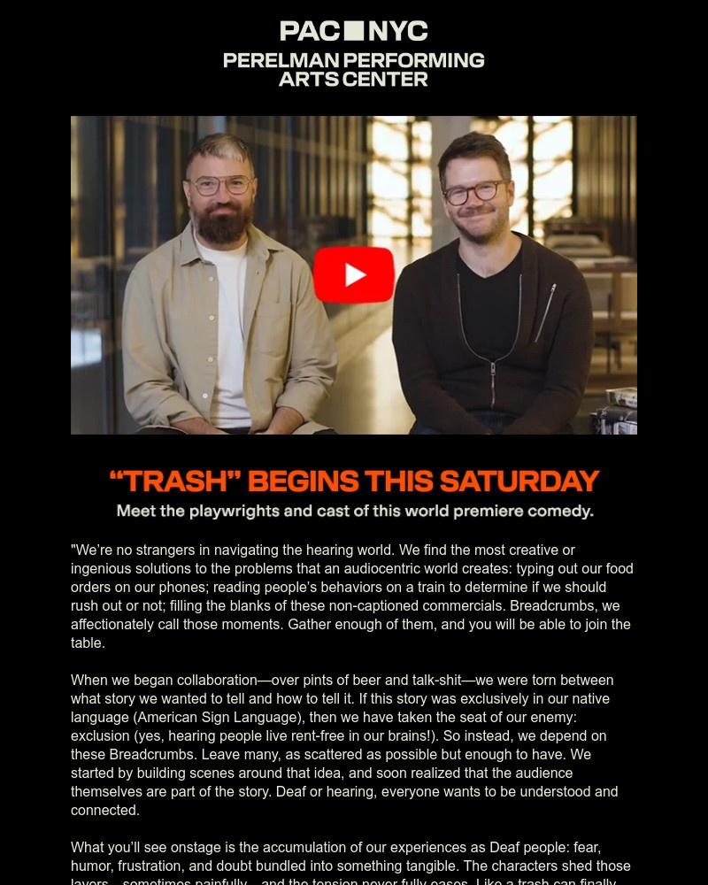 Screenshot of email sent to a Perelman Performing Arts Center (PAC NYC) Newsletter subscriber