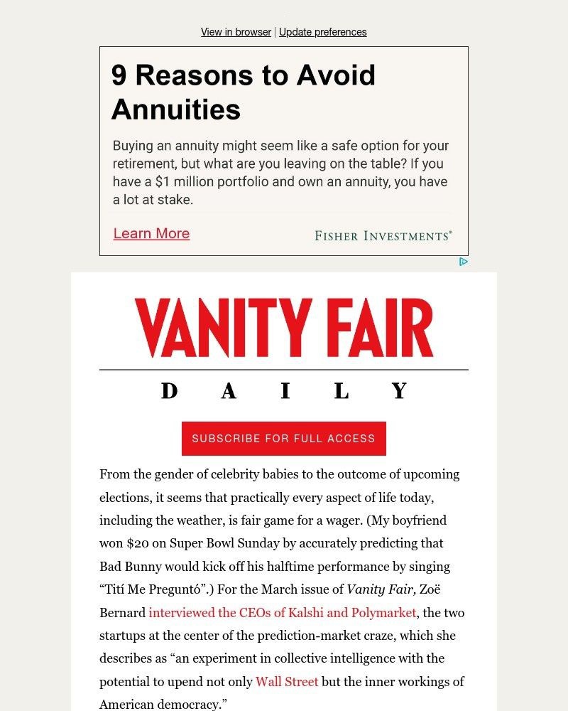 Screenshot of email sent to a Vanity Fair Newsletter subscriber