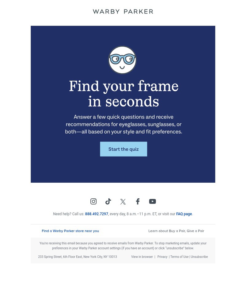 Screenshot of email sent to a Warby Parker Newsletter subscriber