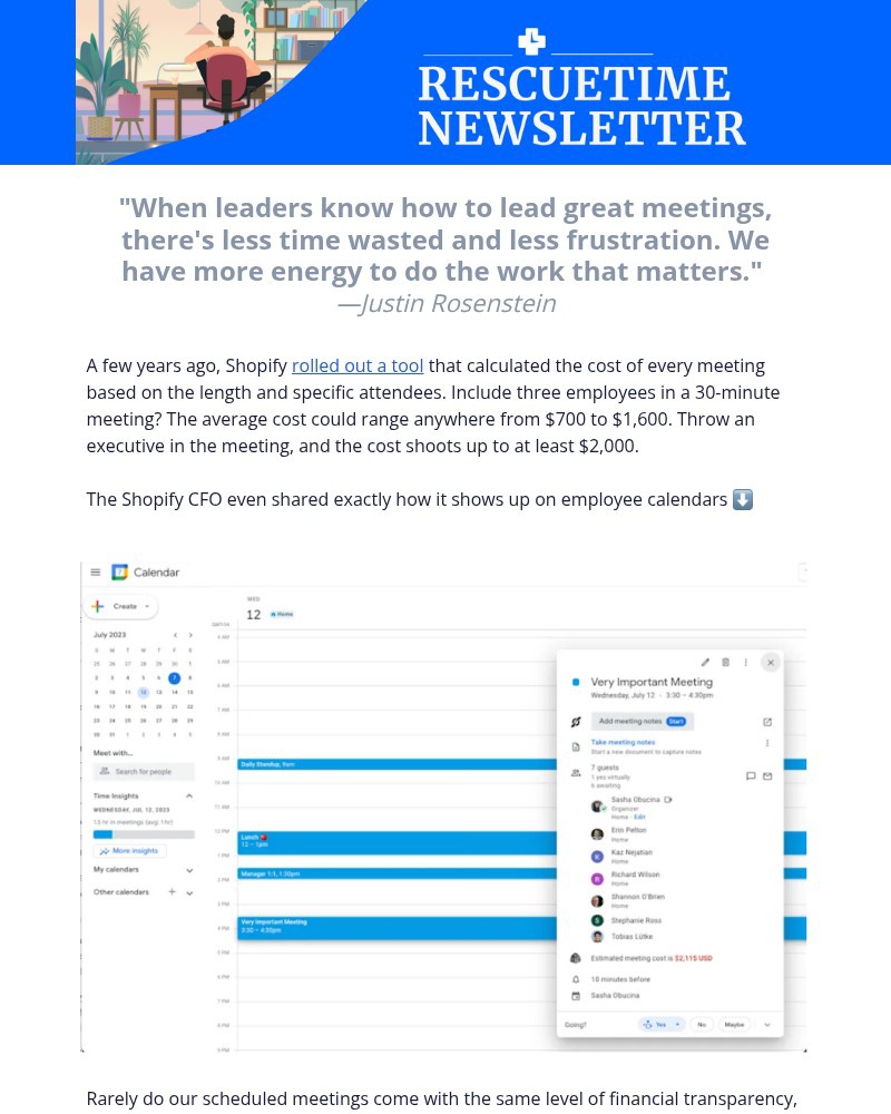 Screenshot of email sent to a RescueTime Newsletter subscriber