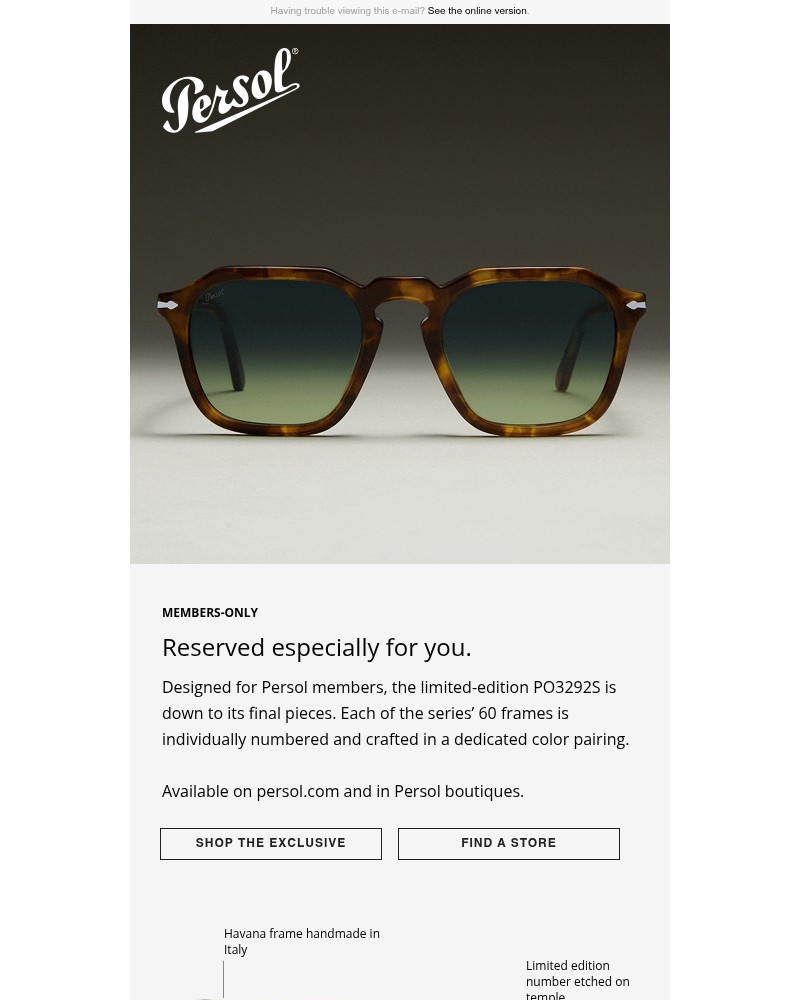 Screenshot of email sent to a Persol Newsletter subscriber