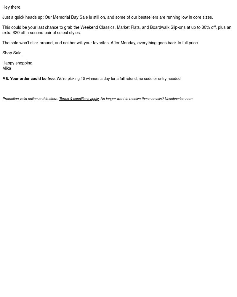Screenshot of email sent to a Vessi Seller