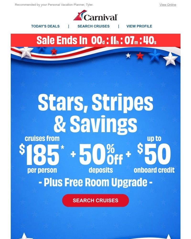 Screenshot of email sent to a Carnival Cruise Line Registered user