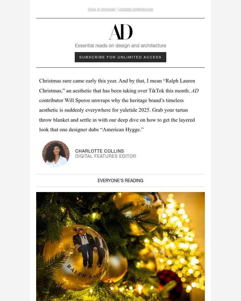 Screenshot of email sent to a Architectural Digest Newsletter subscriber