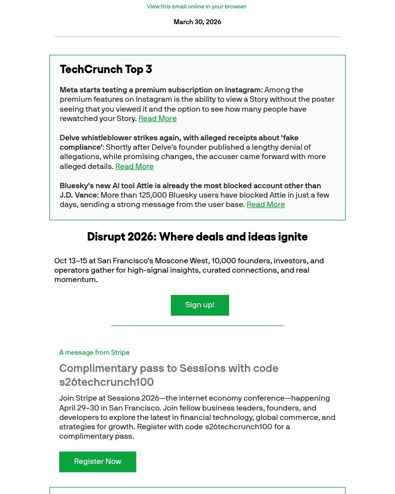 Screenshot of email sent to a Techcrunch Newsletter subscriber