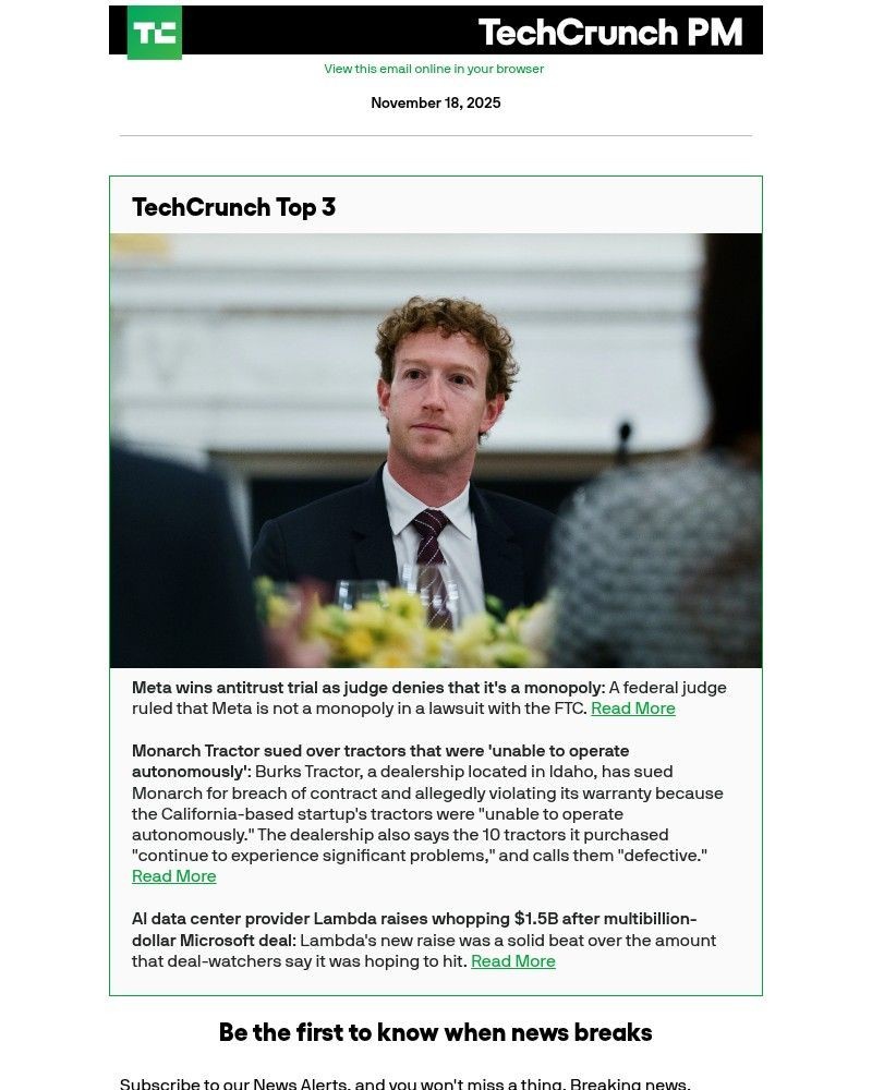 Screenshot of email sent to a Techcrunch Newsletter subscriber