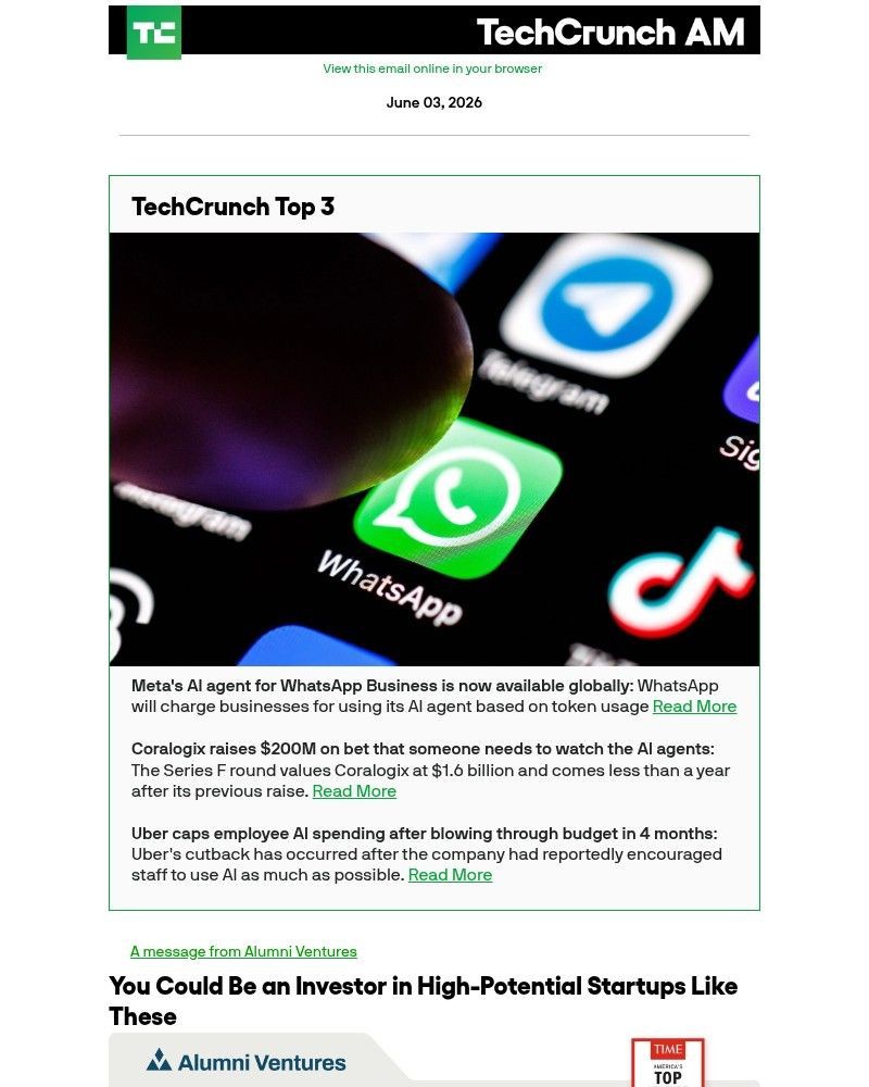 Screenshot of email sent to a Techcrunch Newsletter subscriber
