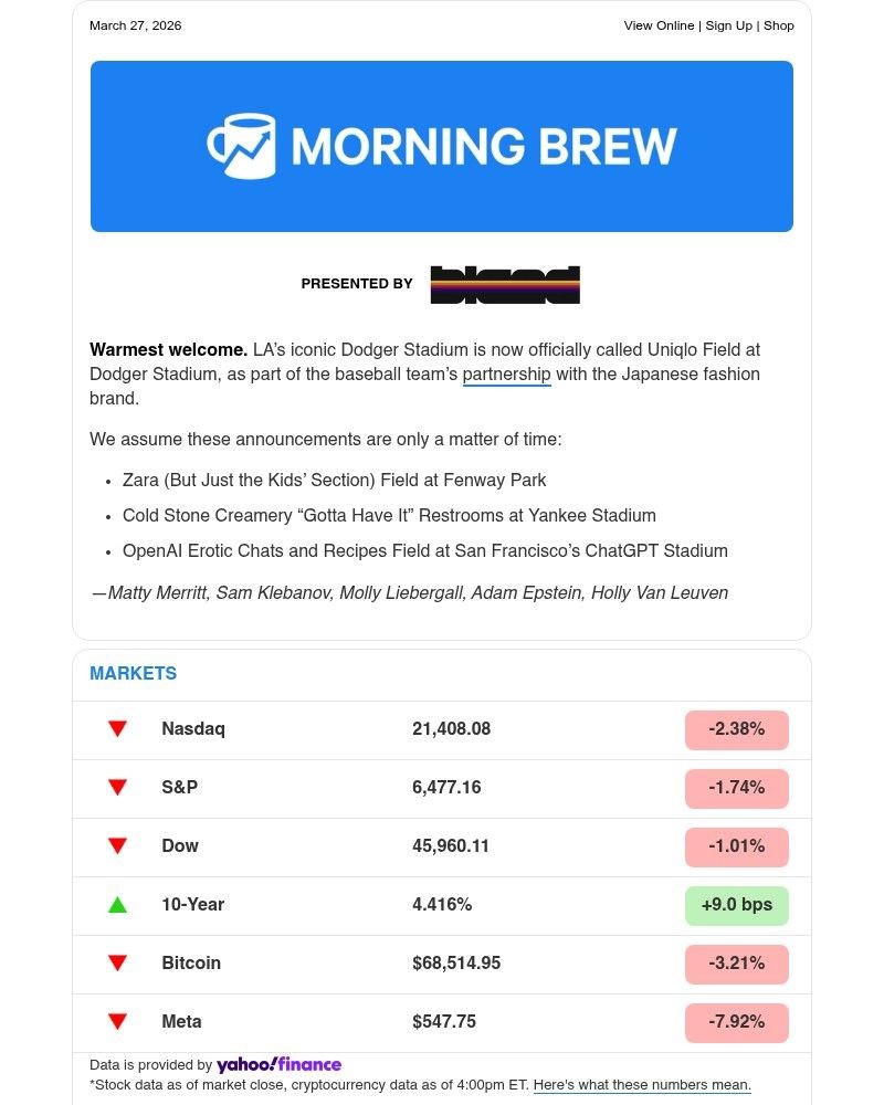 Screenshot of email sent to a Morning Brew Newsletter subscriber